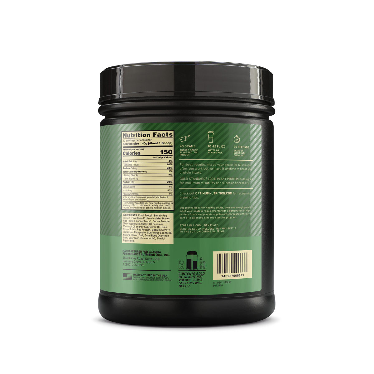 Gold Standard 100% Plant based Proteina sabor Chocolate, 0g de azúcar, Gluten Free, Vegana.