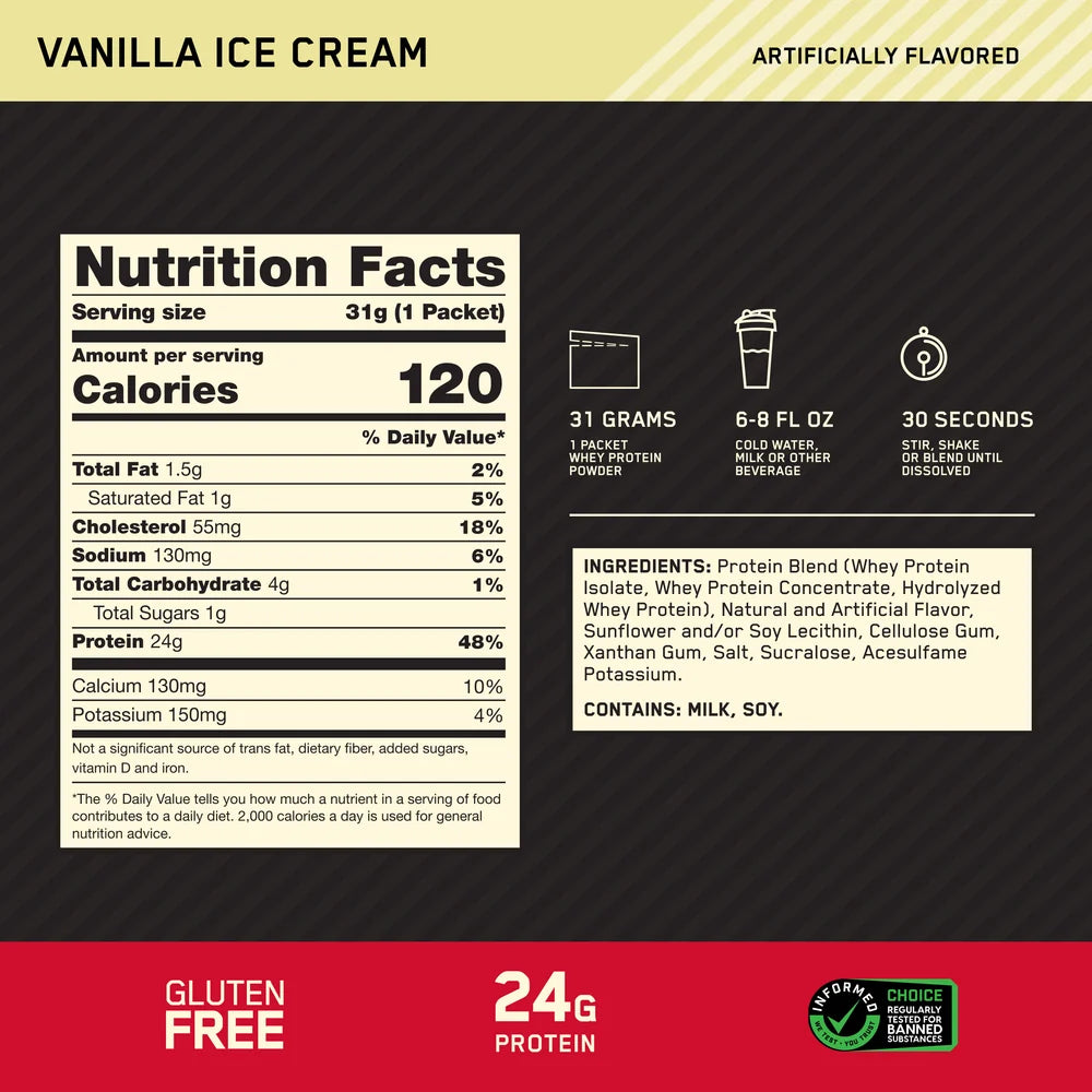 Etiqueta nutricional Gold Standard Whey Protein Sachet Helado de Vainilla