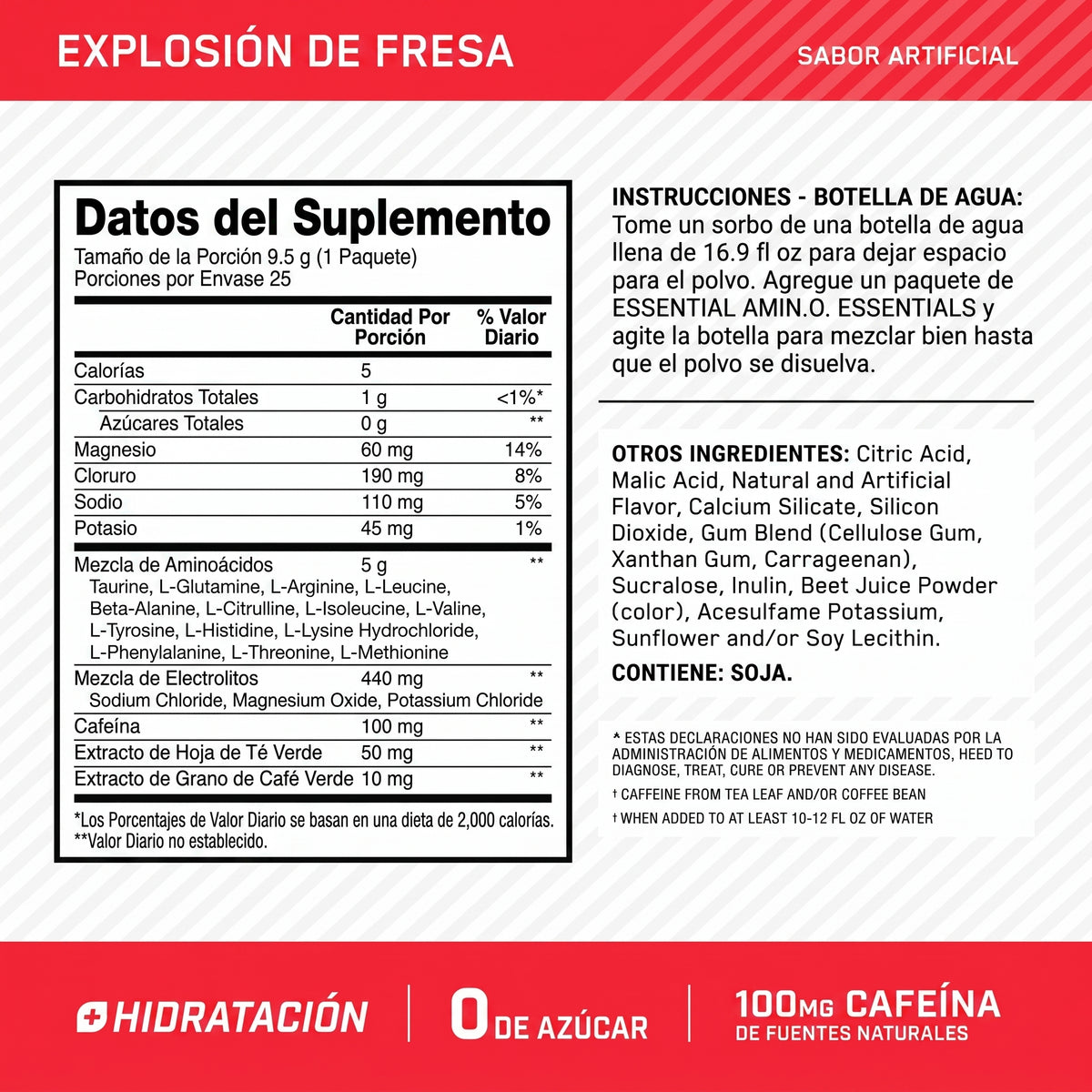 Etiqueta nutricional AMINO NRGY + Electrolitos Stick Packs Sabor Strawberry