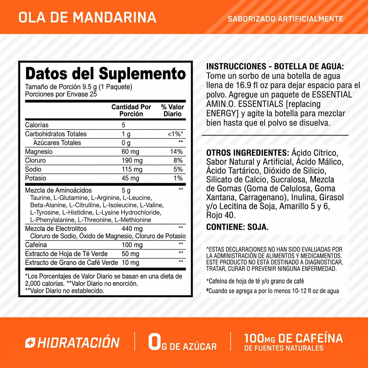 Etiqueta nutricional AMINO NRGY + Electrolitos Stick Packs Sabor Tangerine